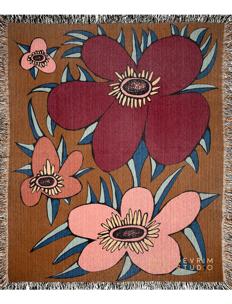 Art, Tapestry, Wall Hanging, Home Decor, Throw Blanket, Brown 'Flowers'