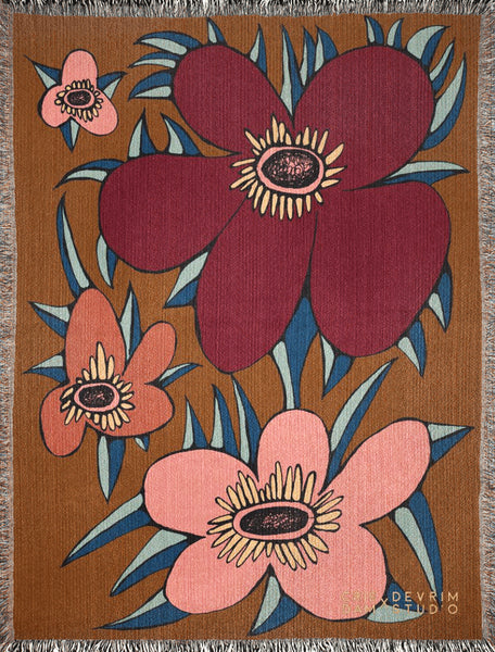 Art, Tapestry, Wall Hanging, Home Decor, Throw Blanket, Brown 'Flowers'