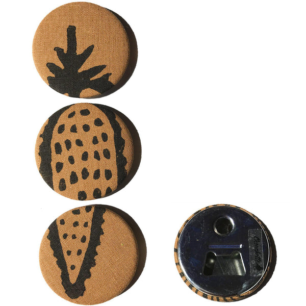 Four brown 'Corn' magnets, bottle openers, one showing the backside - Devrim Studio