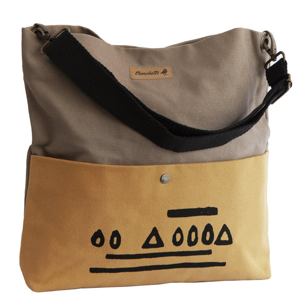 Beige and yellow 'Hazelnut' shoulder bag that converts into a crossbody bag-Devrim Studio