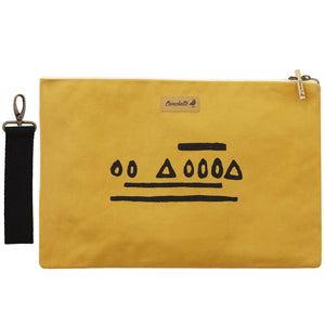 Yellow Hazelnut laptop sleeve, clutch with it's detachable, black, cotton wristlet-Devrim Studio