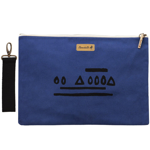 Navy blue 'Hazelnut' laptop sleeve, clutch with it's detachable, black, cotton wristlet-Devrim Studio