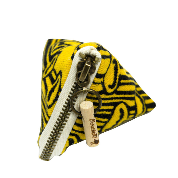 Yellow coin purse with block printed art - Devrim Studio