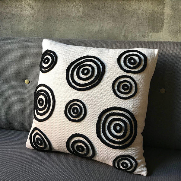 'Time' Handwoven Accent Pillow with black threads-Devrim Studio