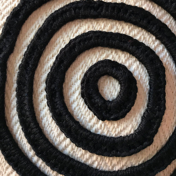 'Time' Handwoven Accent Pillow with black threads, close up view-Devrim Studio