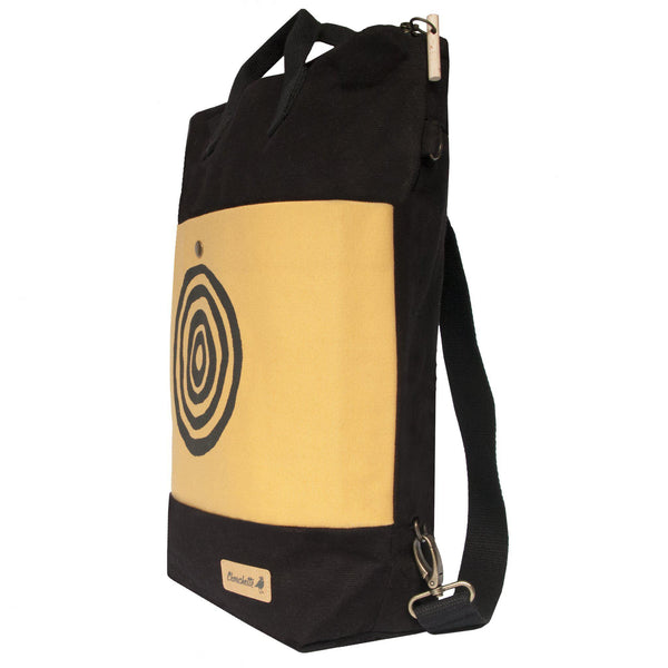 Side view of the yellow and black 'Time' Convertible Backpack, Tote Bag - Devrim Studio