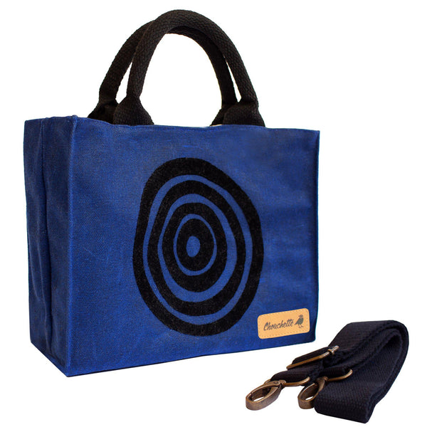 Navy blue 'Time' Waxed Canvas Mini Tote Bag with detachable shoulder strap - Devrim Studio