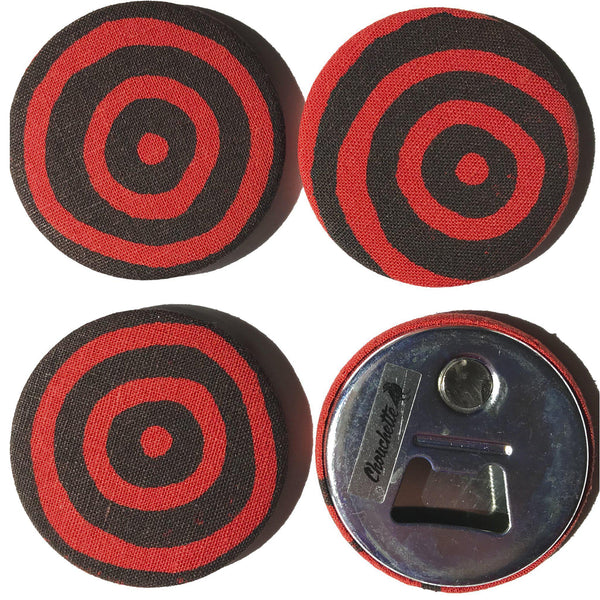 Four red 'Time' fridge magnets, bottle openers, one facing down with the backside view - Devrim Studio