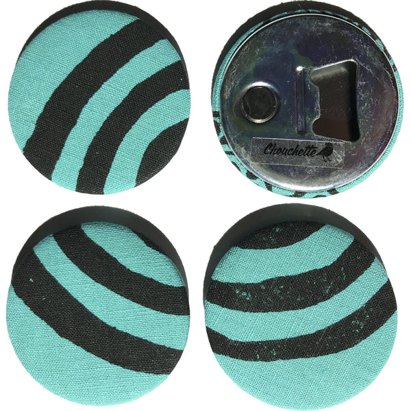 Four turquoise 'Time' fridge magnets, bottle openers with one facing down - Devrim Studio