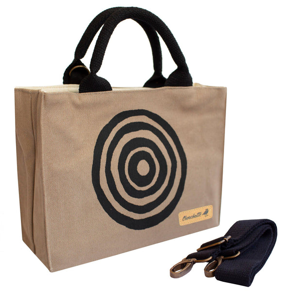 Beige 'Time' Mini Tote Bag shown with the detachable shoulder strap - Devrim Studio